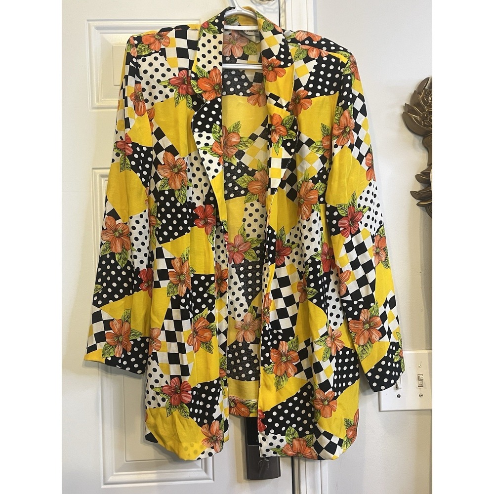 Vintage 90s Casual Corner Patchwork Floral Duster Jacket Checker Polka Dot M L - Picture 1 of 9